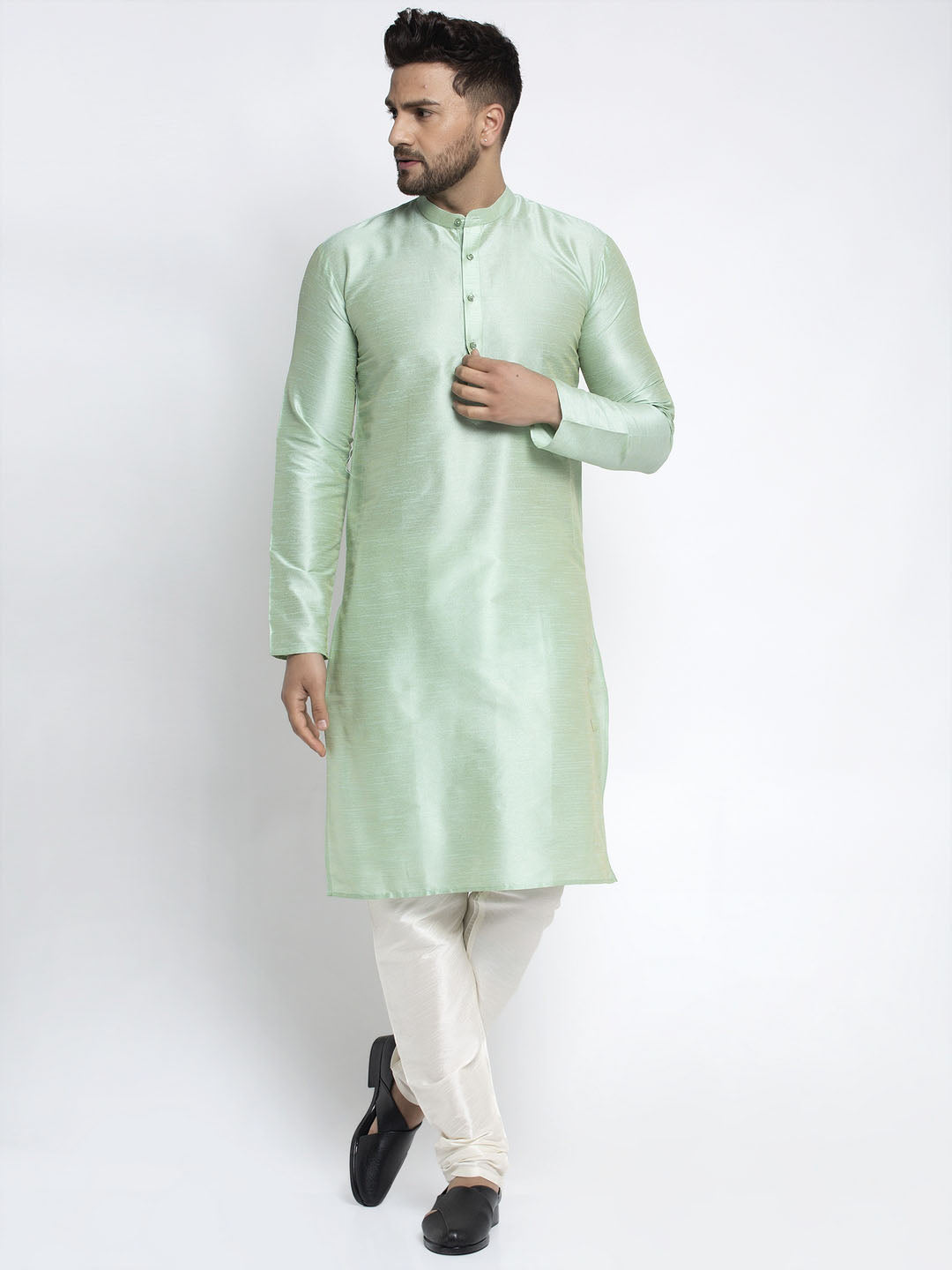 Jompers Men's Green Solid Dupion Silk Kurta Only 
