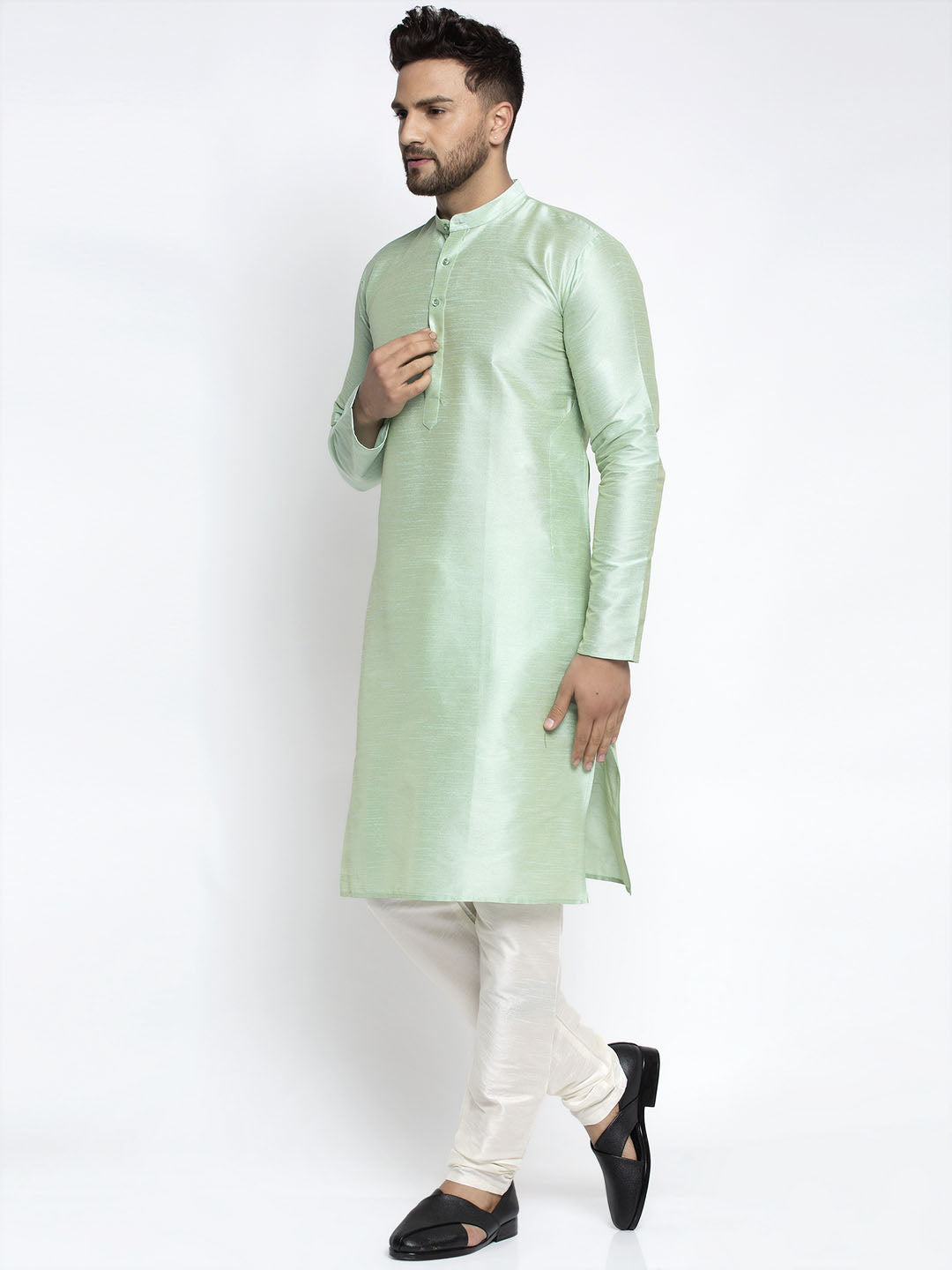 Jompers Men's Green Solid Dupion Silk Kurta Only 