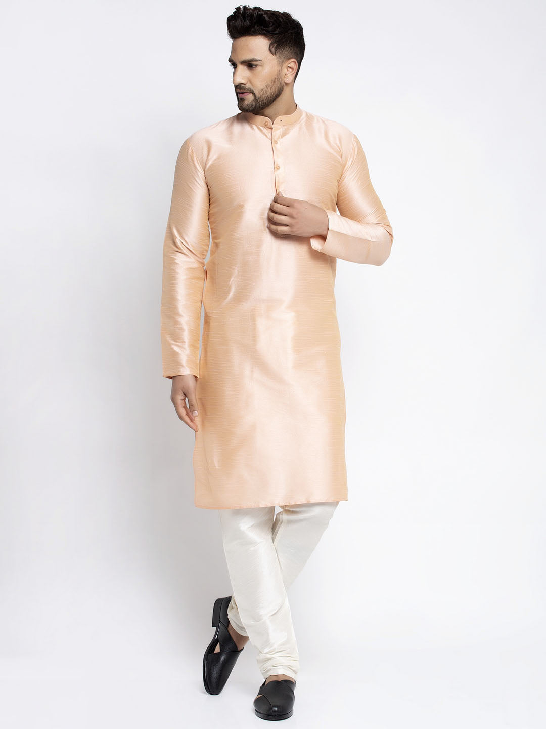 Jompers Men's Peach Solid Dupion Silk Kurta Only
