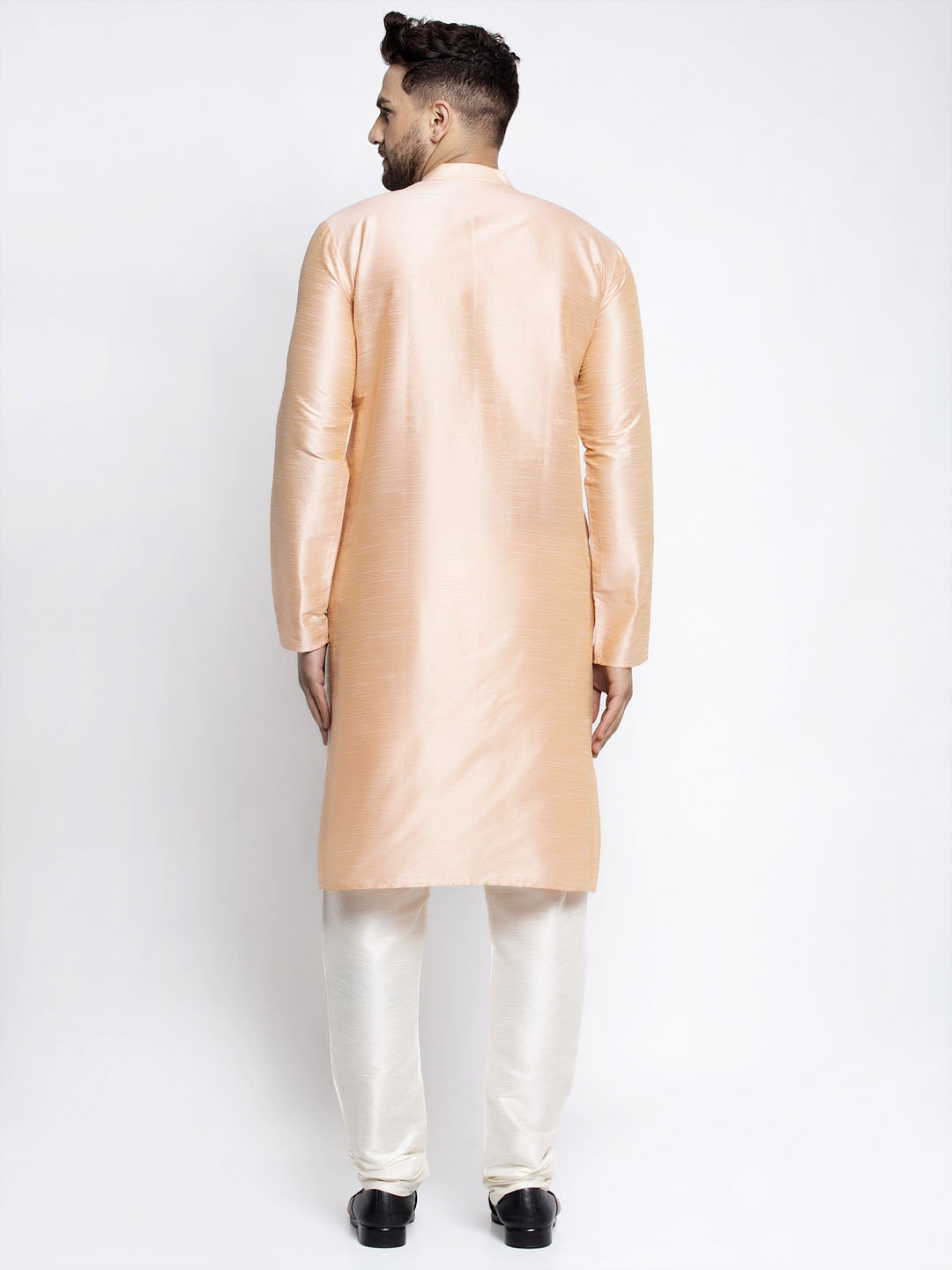 Jompers Men's Peach Solid Dupion Silk Kurta Only