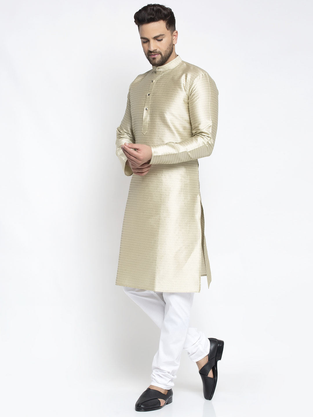 Jompers Men Beige & White Woven Design Kurta with Pyjamas