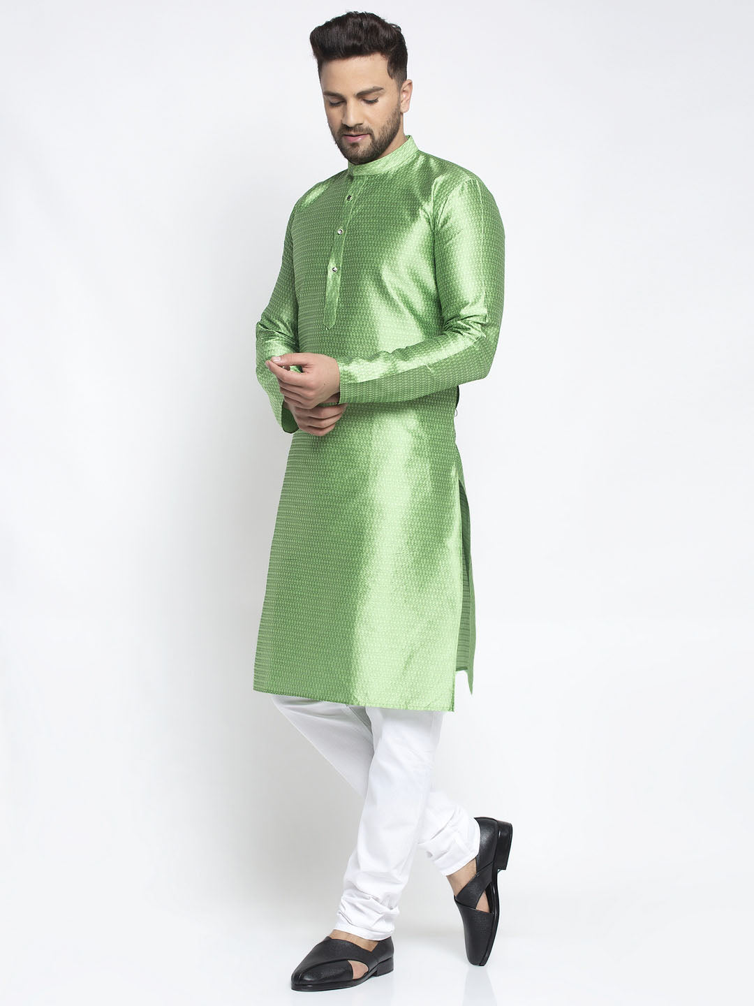 Jompers Men Green & White Woven Design Kurta with Pyjamas