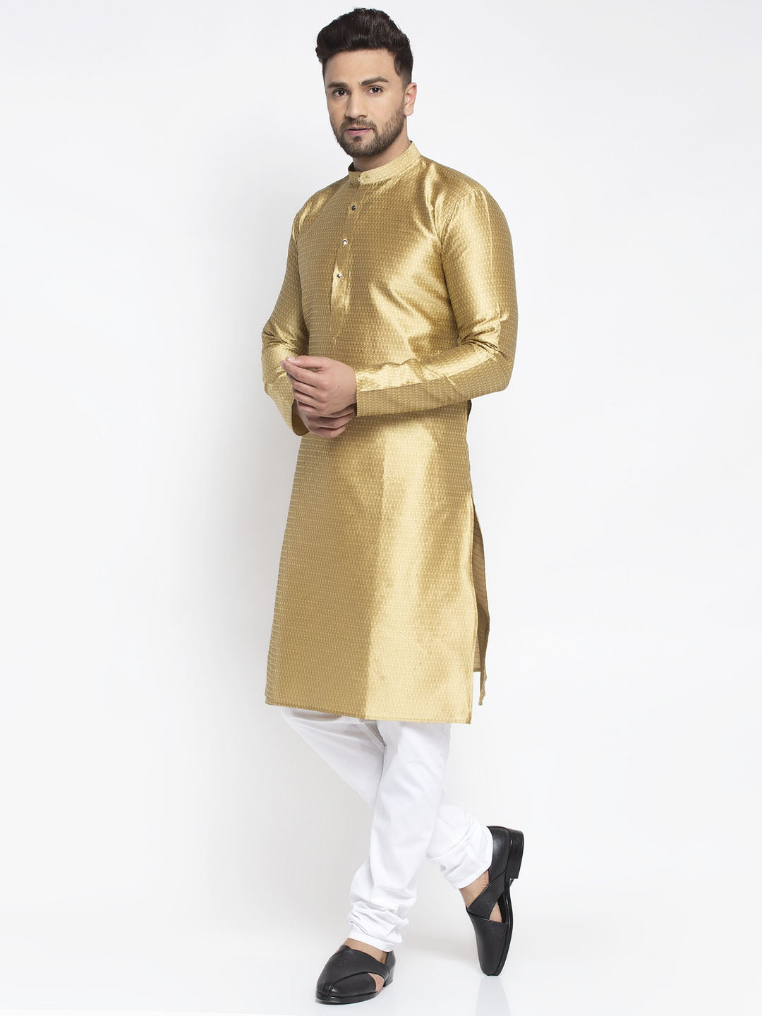 Jompers Men Mustard & White Woven Design Kurta with Pyjamas