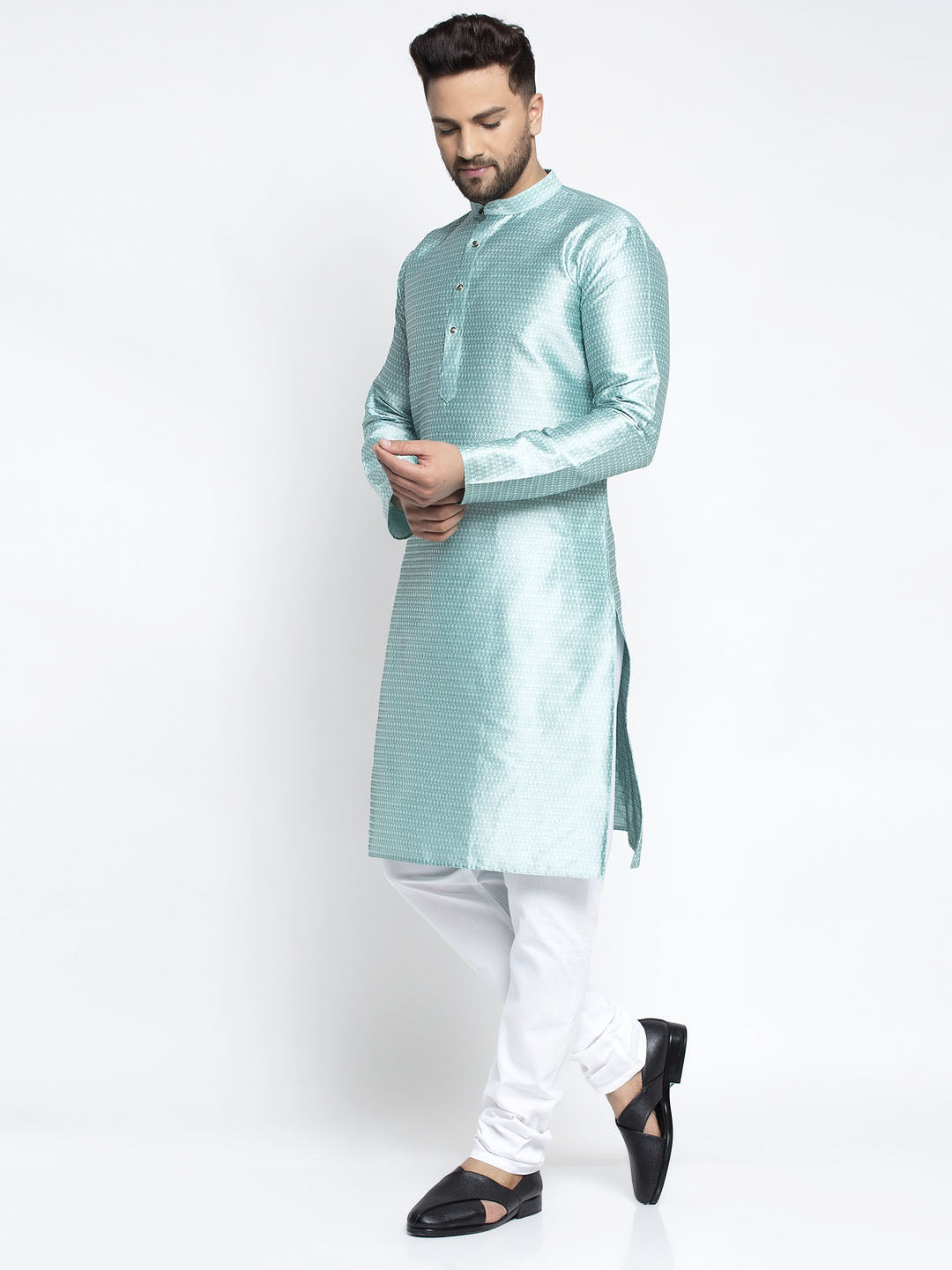 Jompers Men Sky Blue & White Woven Design Kurta with Pyjamas