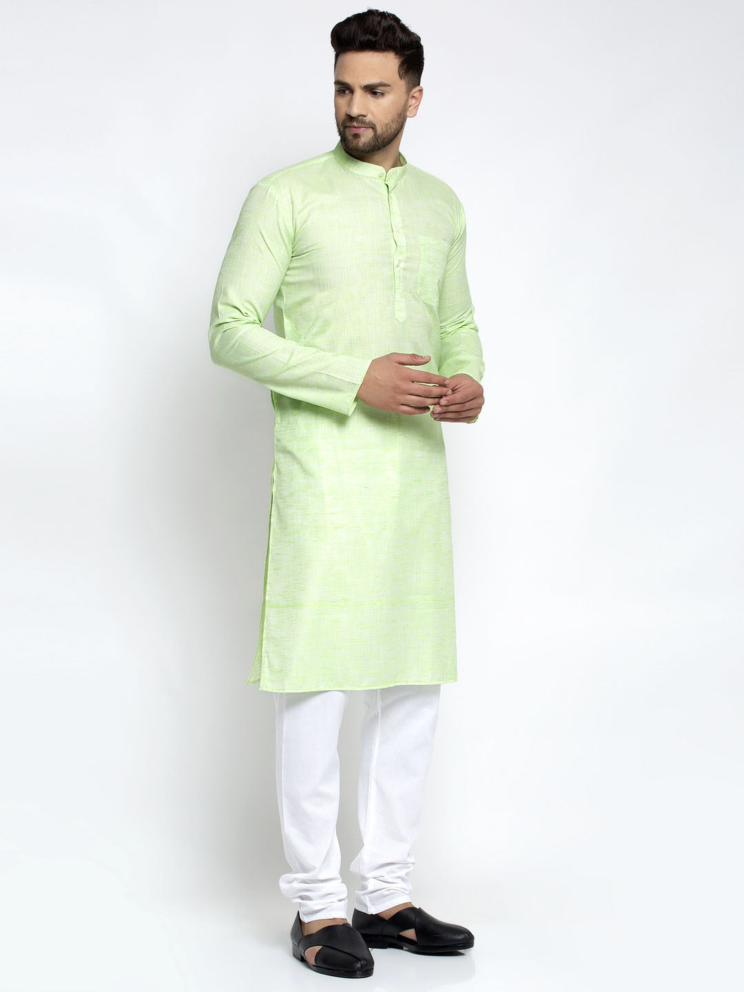 Jompers Men Green & White Self Design Kurta with Pyjamas