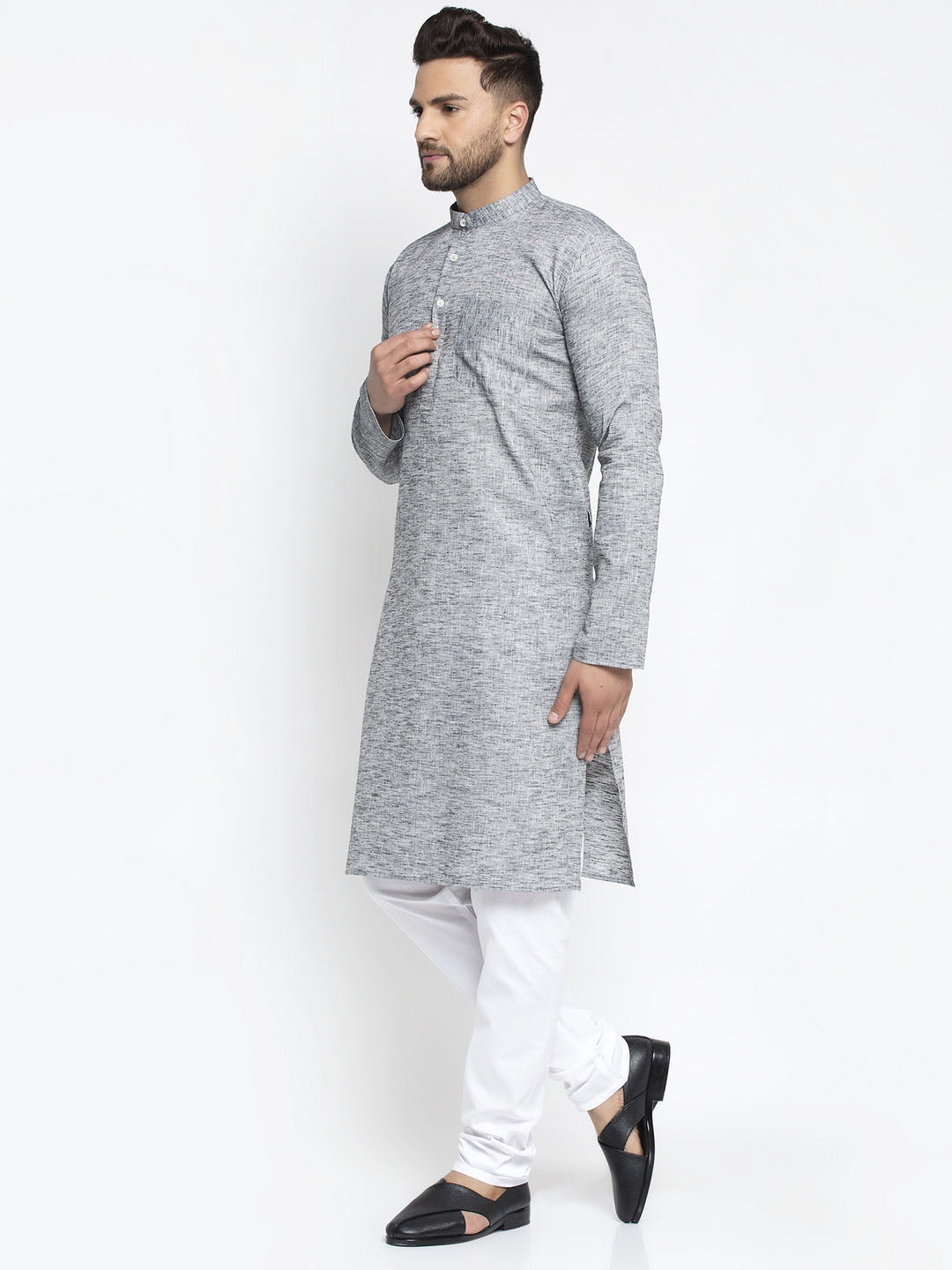 Jompers Men Grey & White Self Design Kurta with Pyjamas