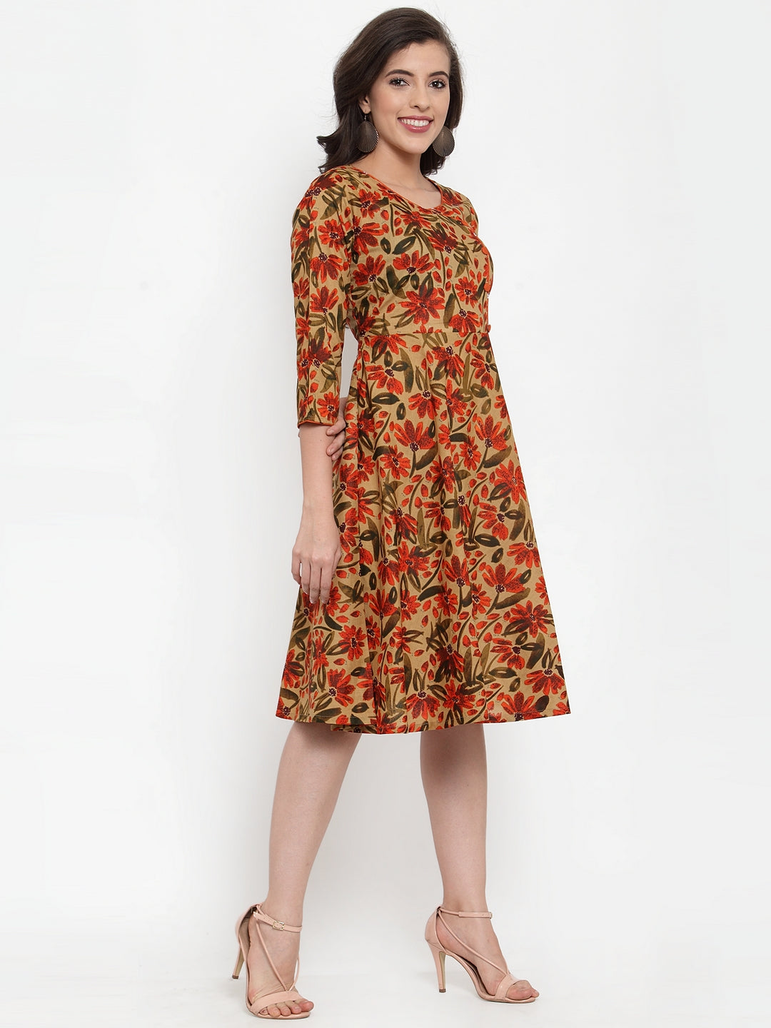 Jompers Women Brown & Green Floral Print Angrakha A-Line Kurta