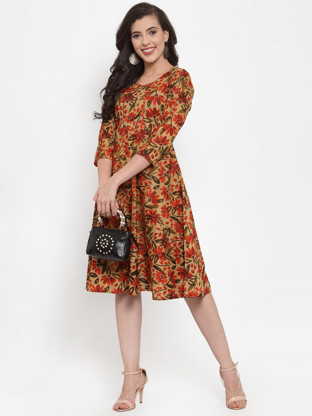 Jompers Women Brown & Green Floral Print Angrakha A-Line Kurta