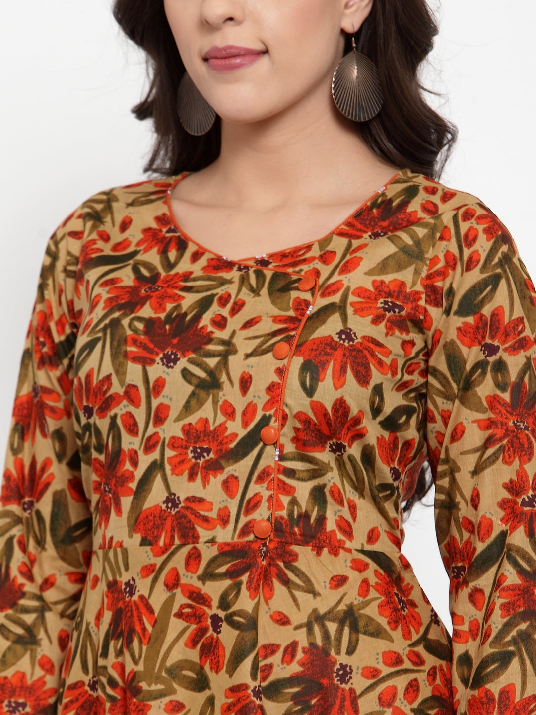 Jompers Women Brown & Green Floral Print Angrakha A-Line Kurta
