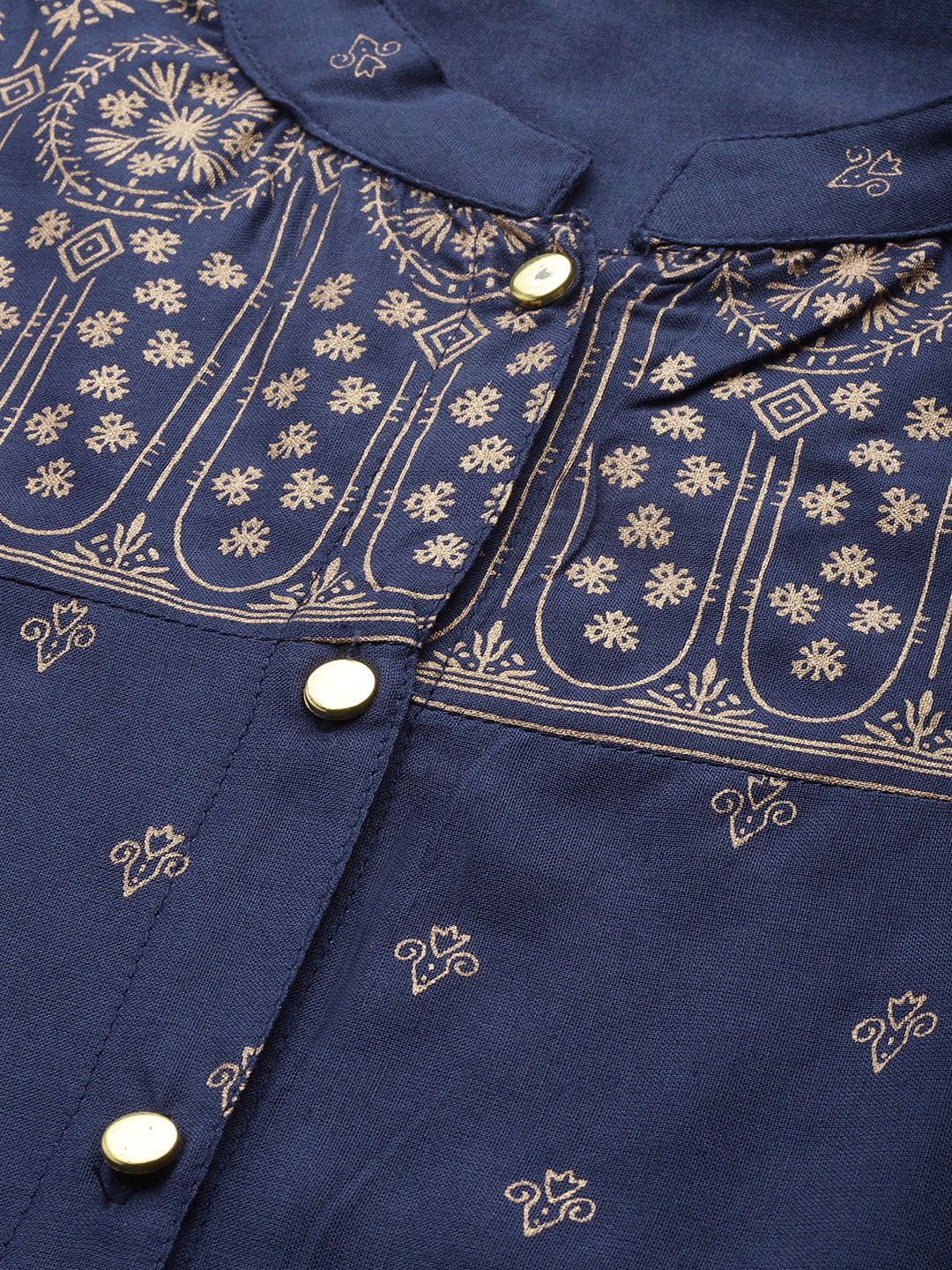 Jompers Women Navy Blue & Golden Block Print Straight Kurta
