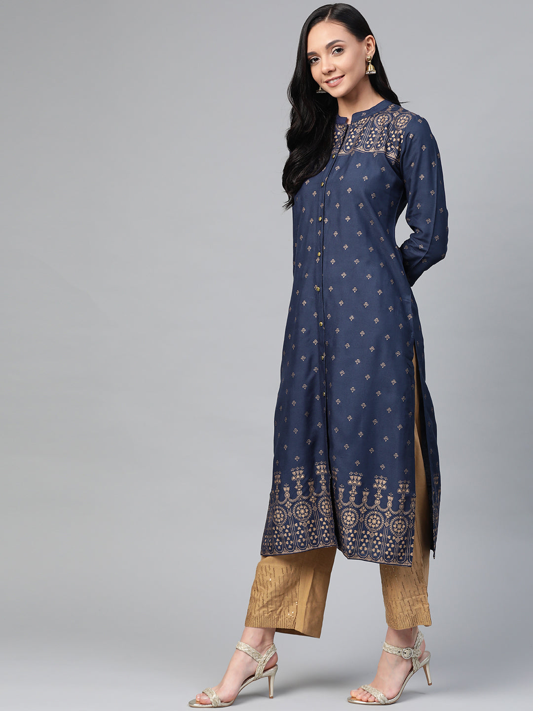 Jompers Women Navy Blue & Golden Block Print Straight Kurta