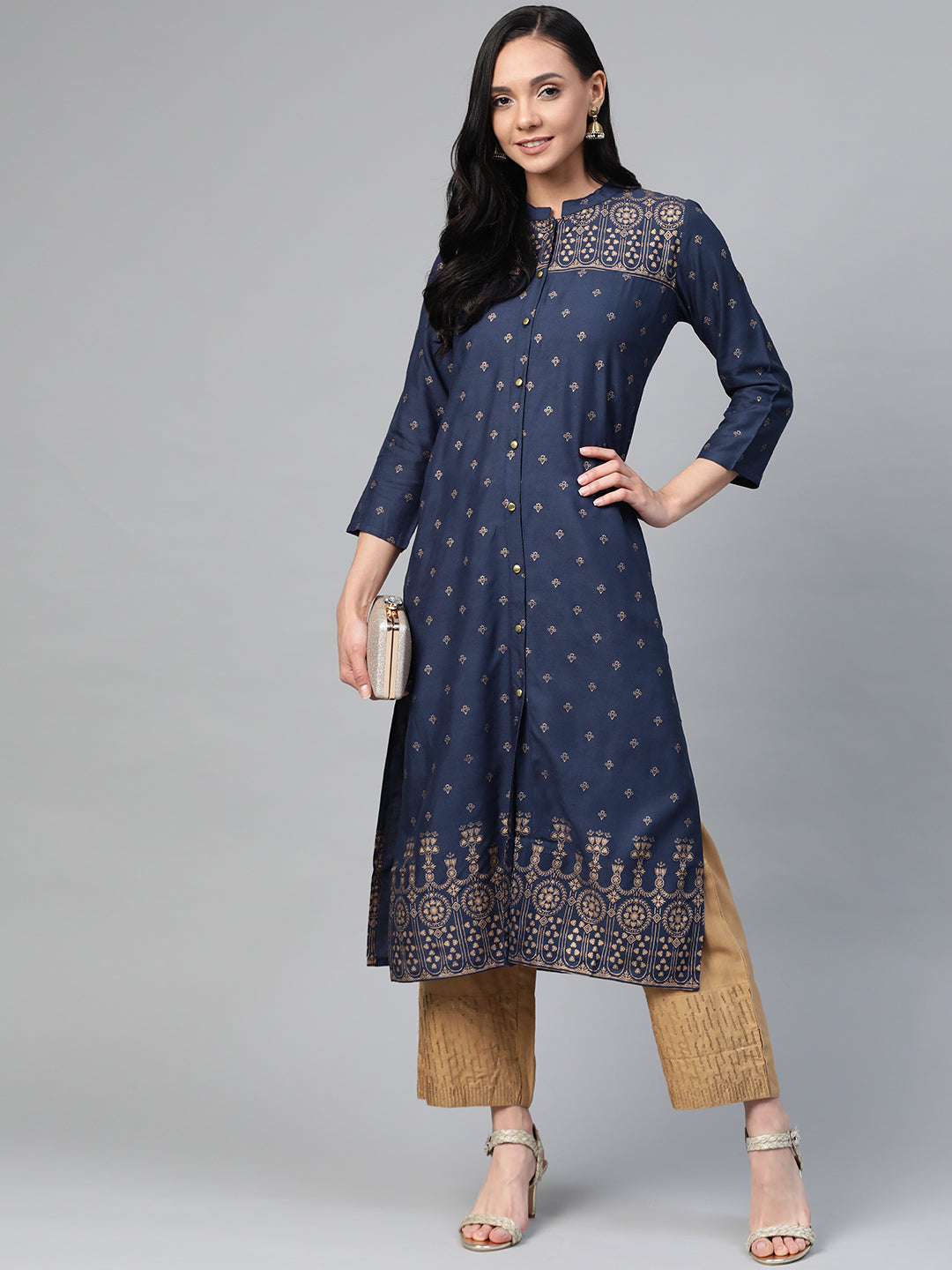 Jompers Women Navy Blue & Golden Block Print Straight Kurta