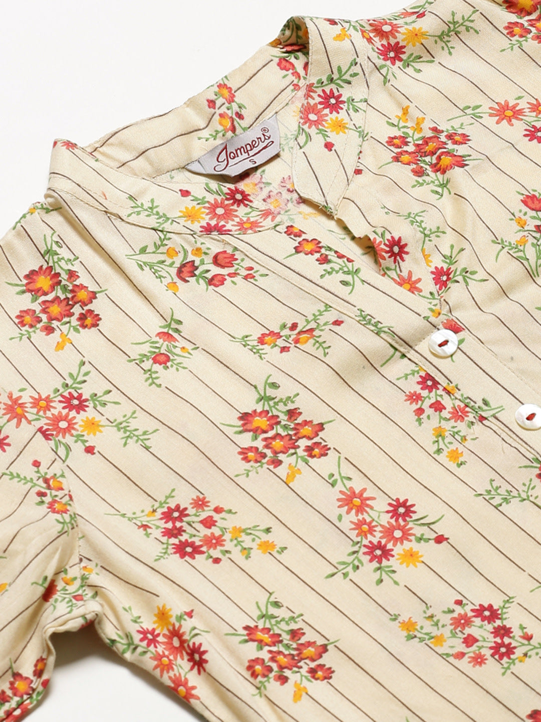 Jompers Women Cream-Coloured & Red Floral Print Kurta with Palazzos