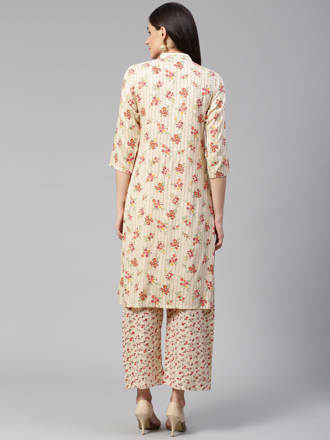 Jompers Women Cream-Coloured & Red Floral Print Kurta with Palazzos