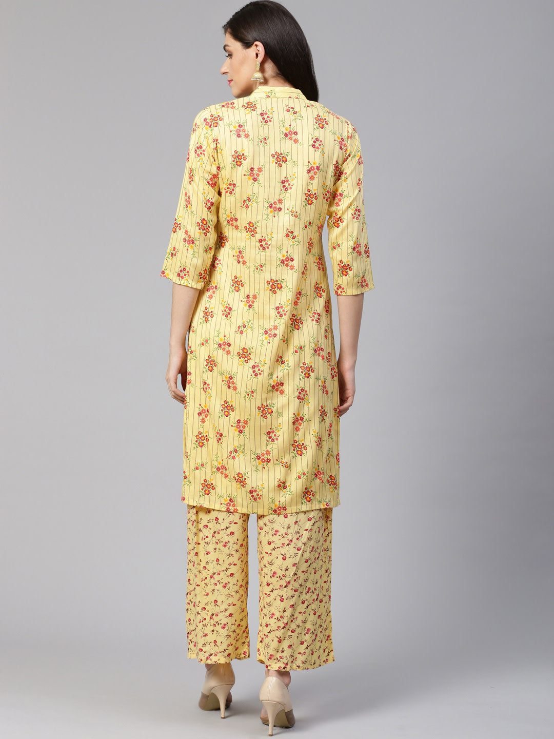 Jompers Women Yellow-Coloured & Red Floral Print Kurta with Palazzos