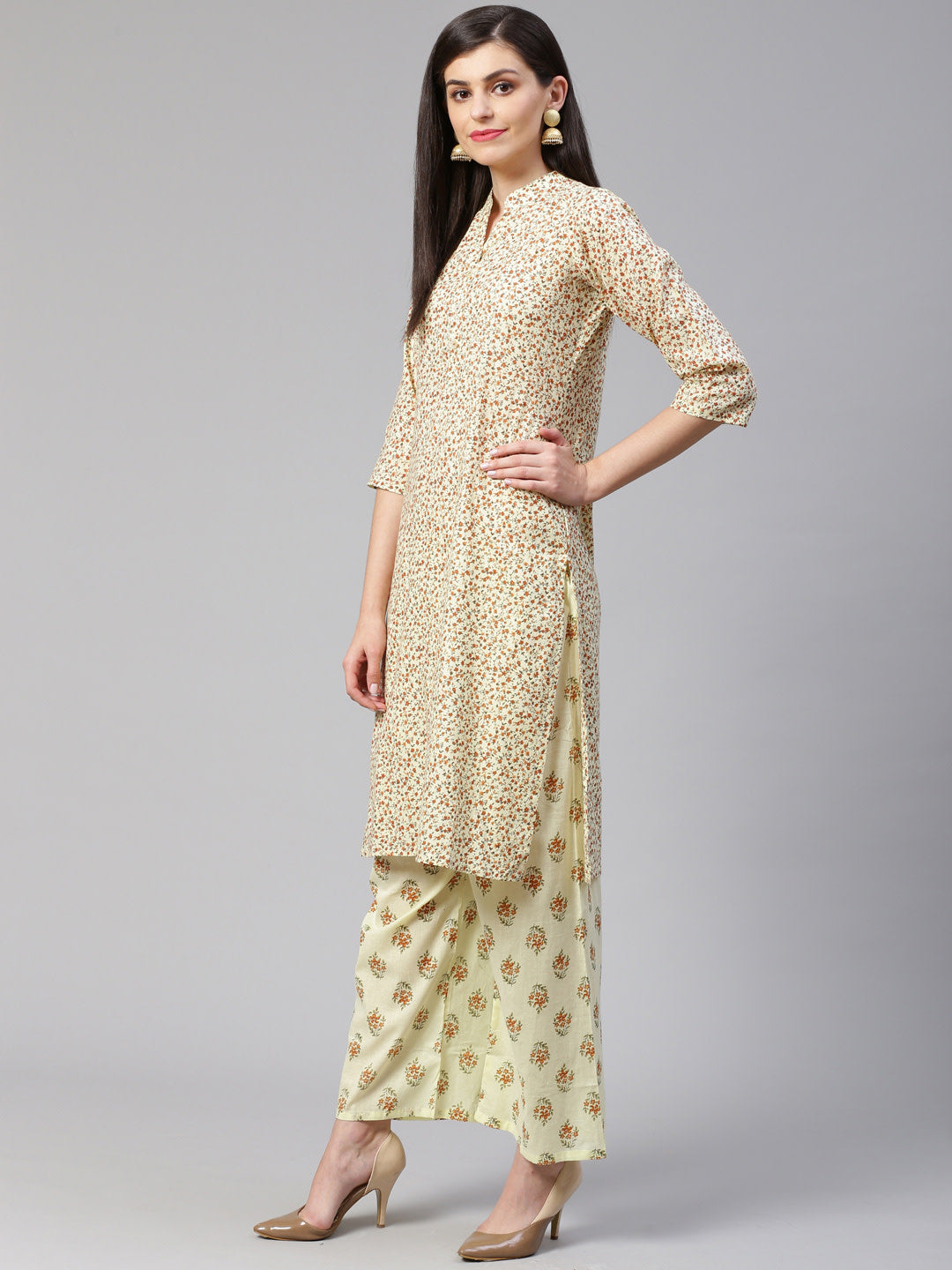 Jompers Women Yellow Floral Printed Kurta with Palazzos