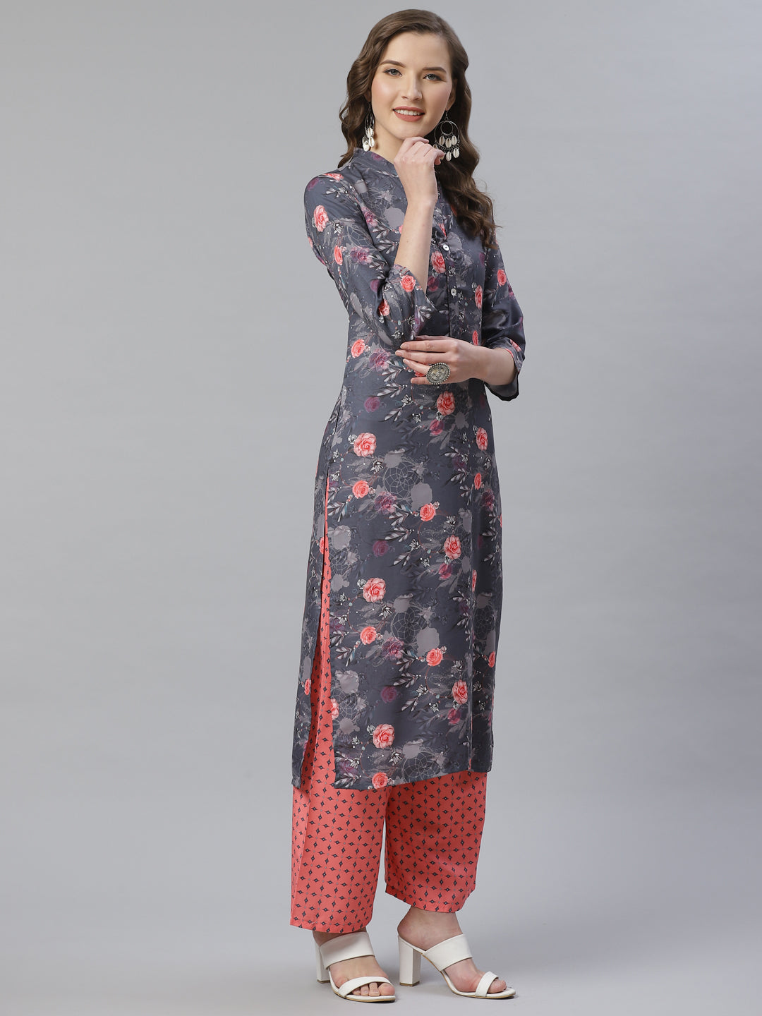 Jompers Women Charcoal Grey & Pink Floral Printed Kurta with Palazzos