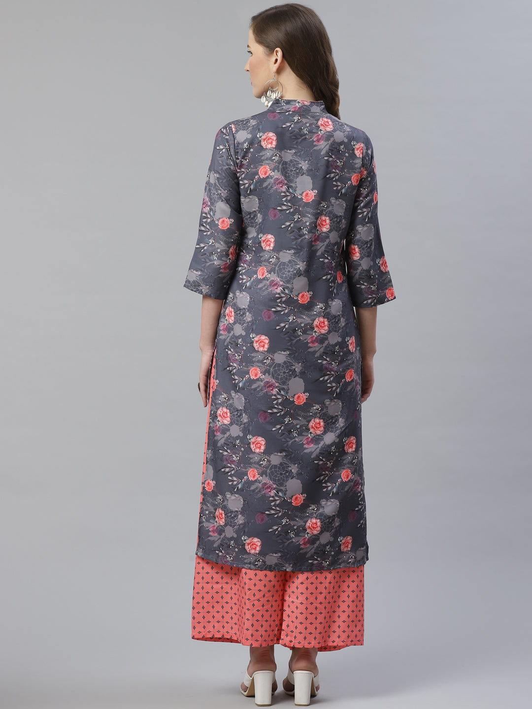 Jompers Women Charcoal Grey & Pink Floral Printed Kurta with Palazzos