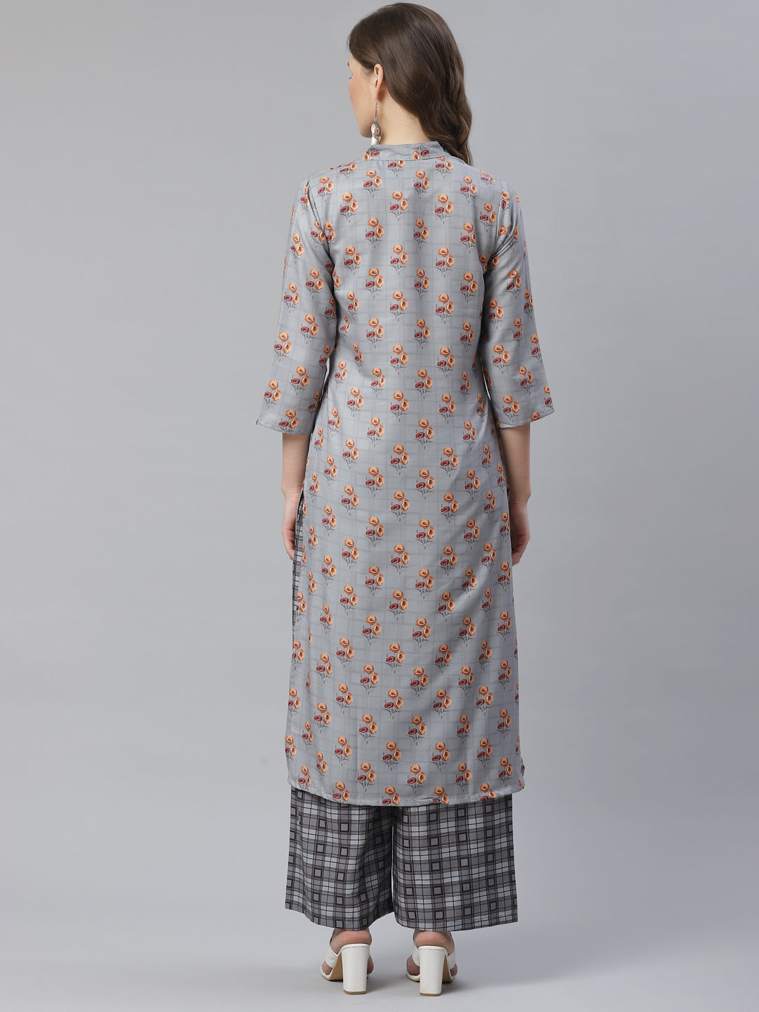 Jompers Women Grey & Beige Floral Printed Kurta with Palazzos
