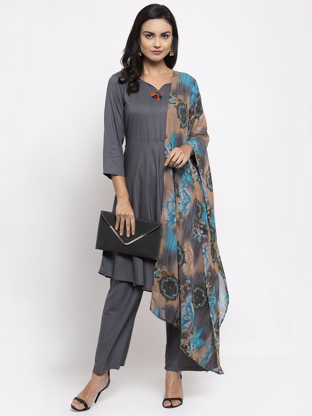 Jompers Women Grey Solid Kurta with Palazzos & Gorgette Printed Dupatta