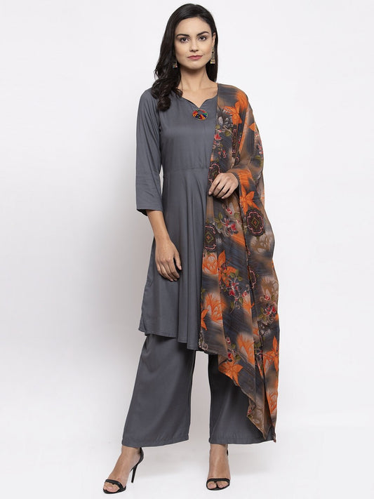 Jompers Women Grey Solid Kurta with Palazzos & Gorgette Orange Printed Dupatta