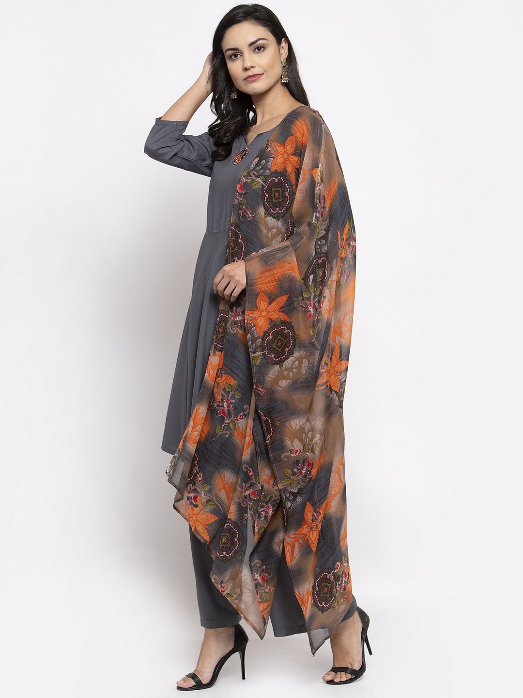 Jompers Women Grey Solid Kurta with Palazzos & Gorgette Orange Printed Dupatta