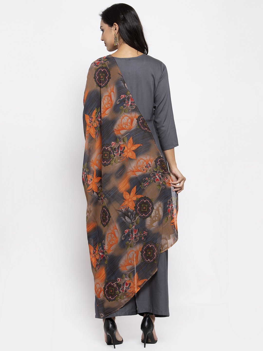 Jompers Women Grey Solid Kurta with Palazzos & Gorgette Orange Printed Dupatta