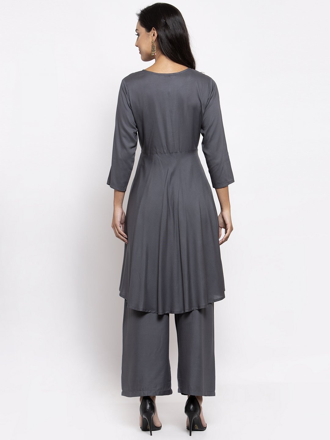 Jompers Women Grey Solid Kurta with Palazzos & Gorgette Orange Printed Dupatta