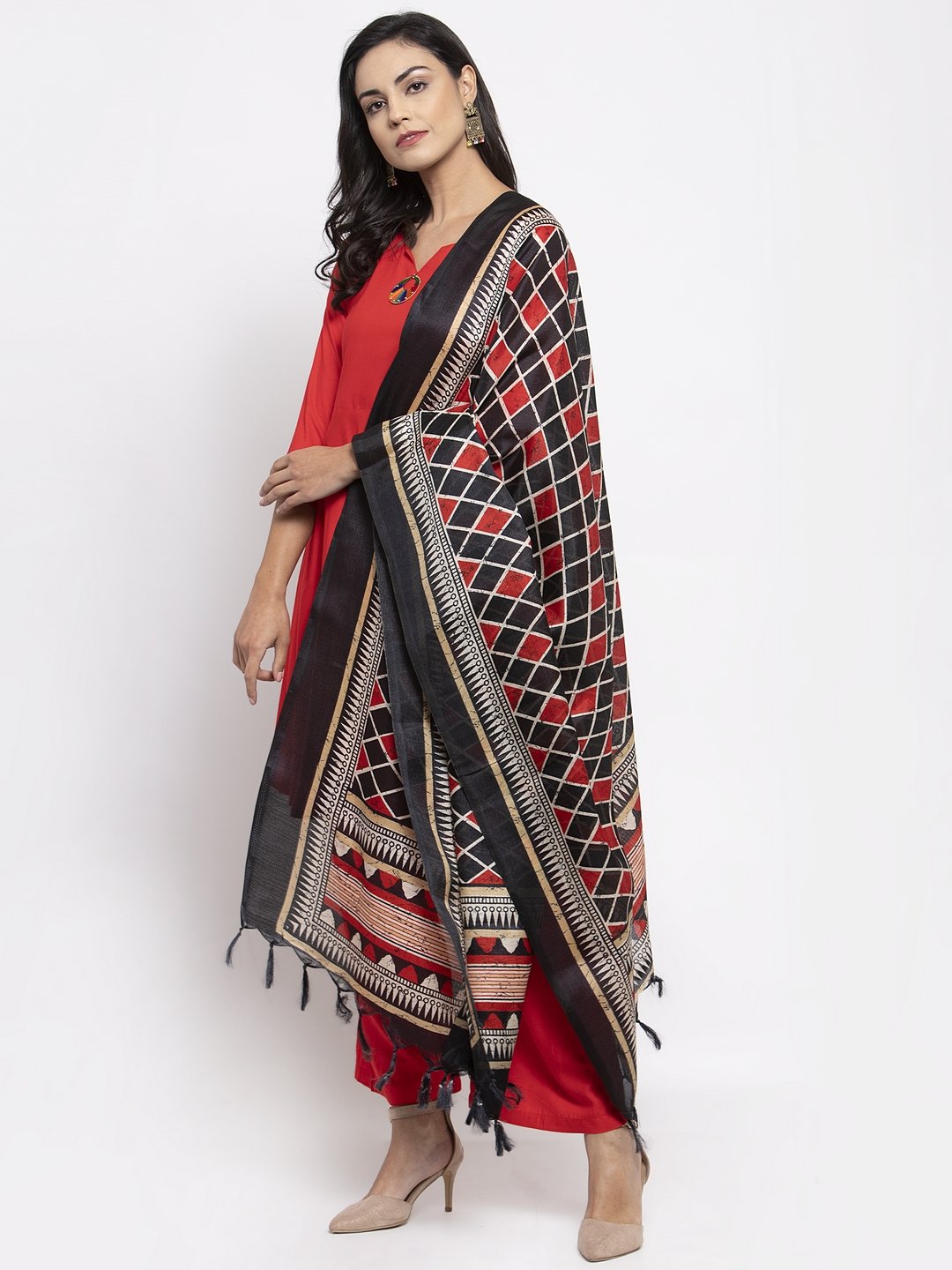 Jompers Women Red Solid Kurta with Palazzos & Printed Dupatta