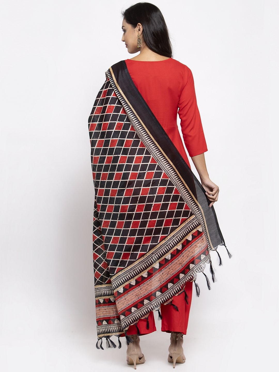 Jompers Women Red Solid Kurta with Palazzos & Printed Dupatta