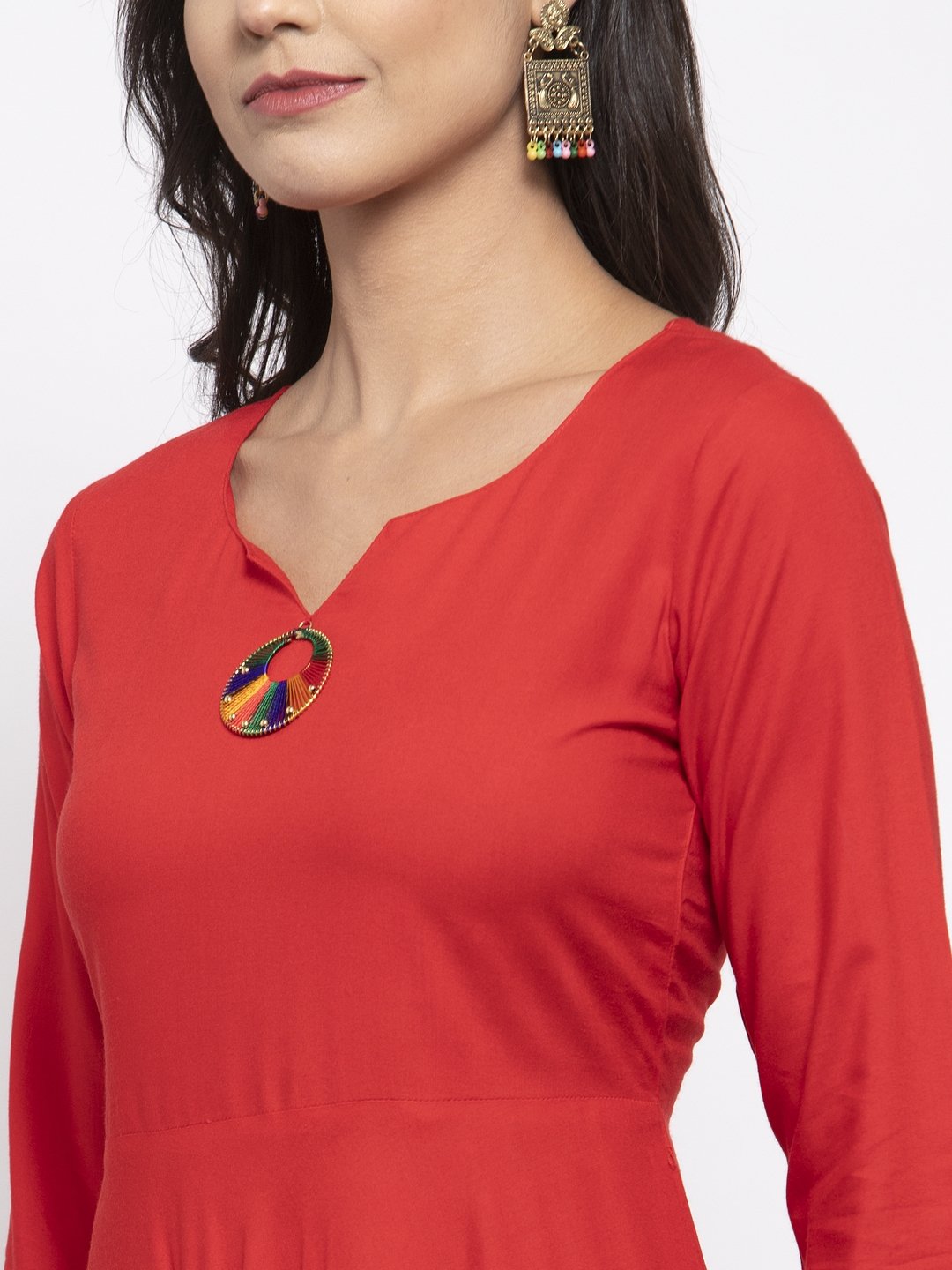 Jompers Women Red Solid Kurta with Palazzos & Printed Dupatta