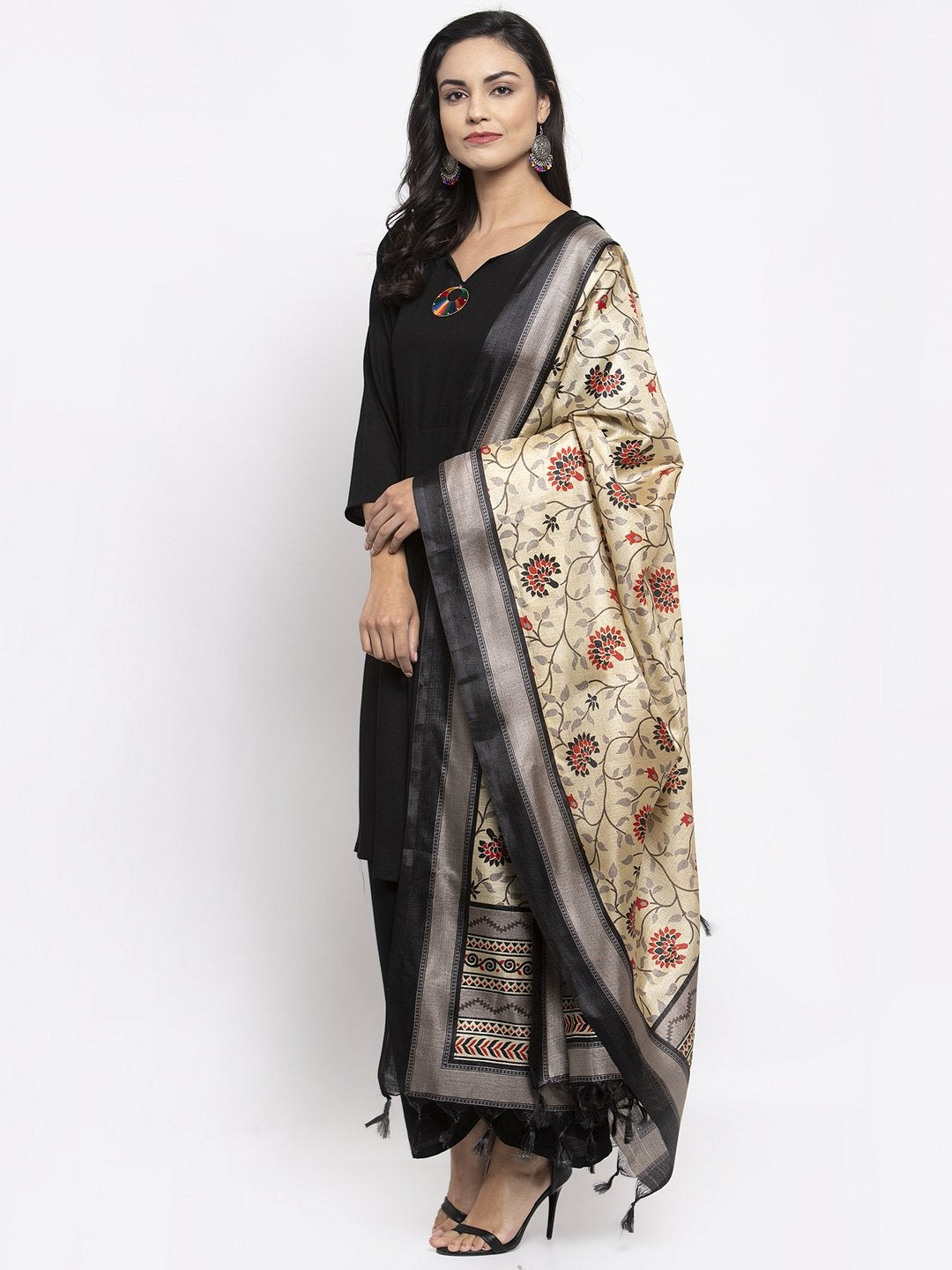 Jompers Women Black & Red Solid Kurta with Palazzos & Beige-Red Printed Dupatta