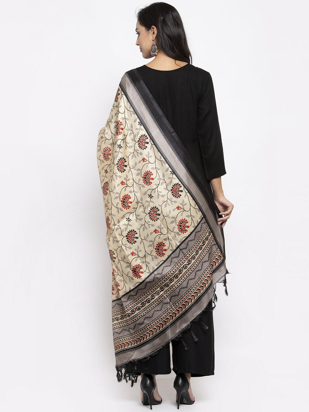 Jompers Women Black & Red Solid Kurta with Palazzos & Beige-Red Printed Dupatta