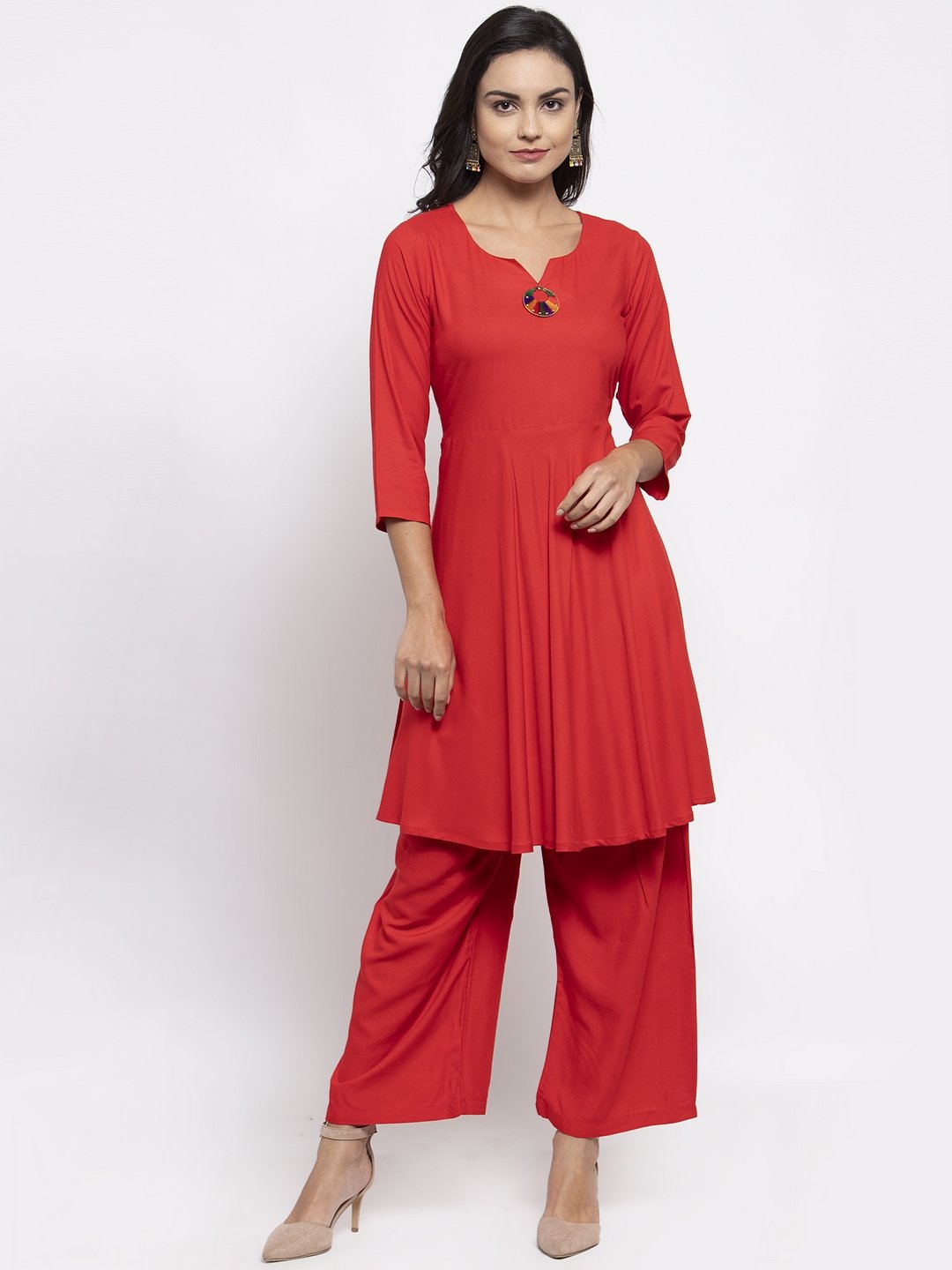 Jompers Women Red Solid Kurta with Palazzos & Red-Black Printed Dupatta