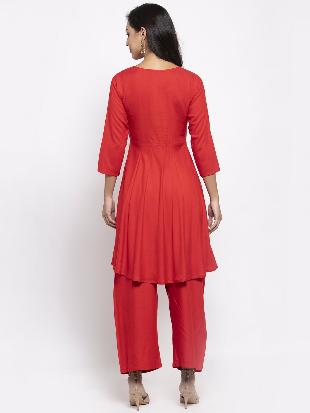 Jompers Women Red Solid Kurta with Palazzos & Red-Black Printed Dupatta