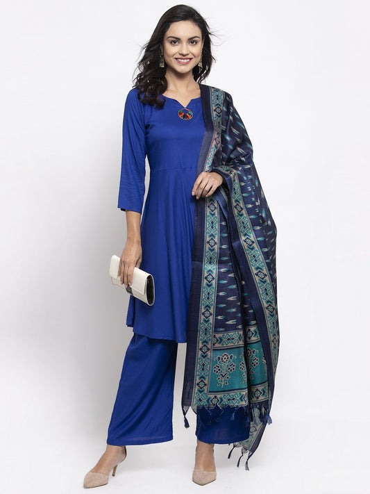 Jompers Women Royal-Blue Solid Kurta with Palazzos & Blue Art-Silk Printed Dupatta