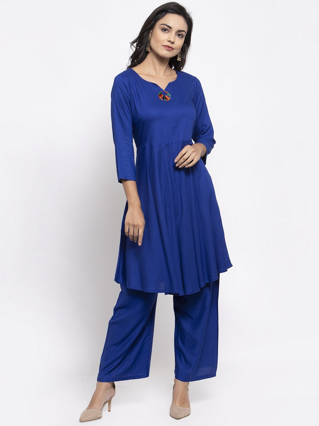 Jompers Women Royal-Blue Solid Kurta with Palazzos & Blue Art-Silk Printed Dupatta