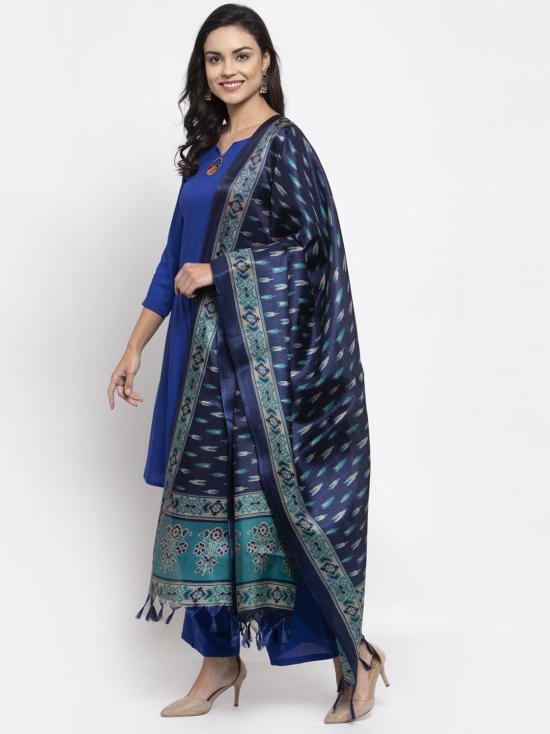 Jompers Women Royal-Blue Solid Kurta with Palazzos & Blue Art-Silk Printed Dupatta