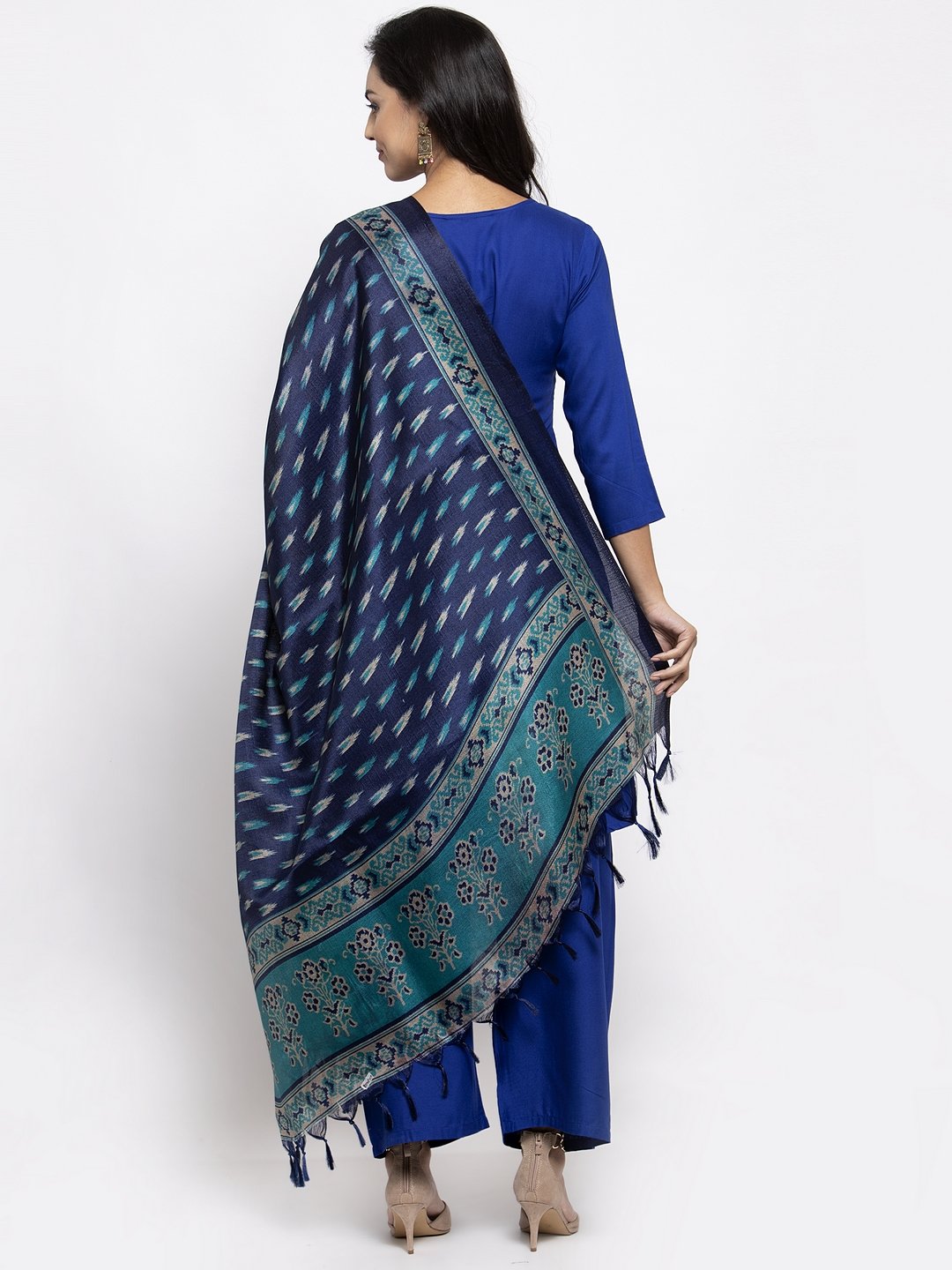 Jompers Women Royal-Blue Solid Kurta with Palazzos & Blue Art-Silk Printed Dupatta