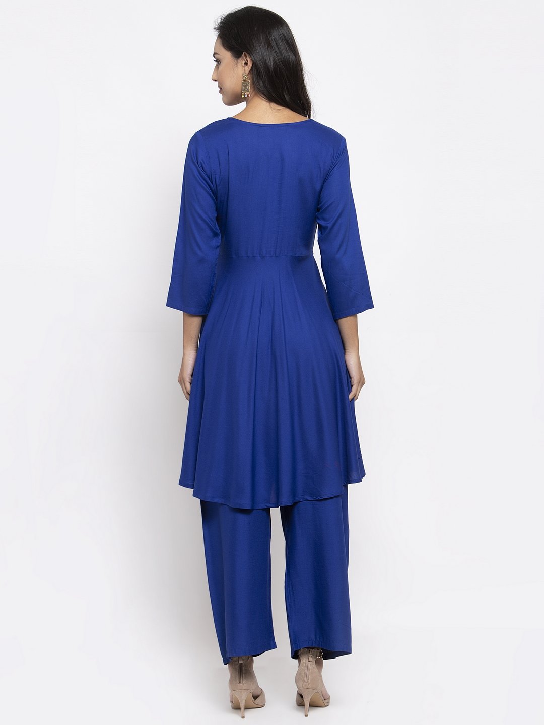 Jompers Women Royal-Blue Solid Kurta with Palazzos & Blue Art-Silk Printed Dupatta
