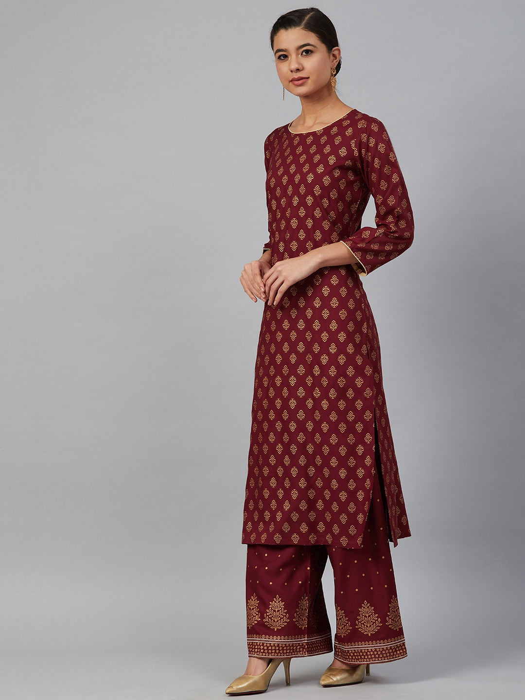 Jompers Women Maroon & Golden Printed Kurta with Palazzos & Dupatta