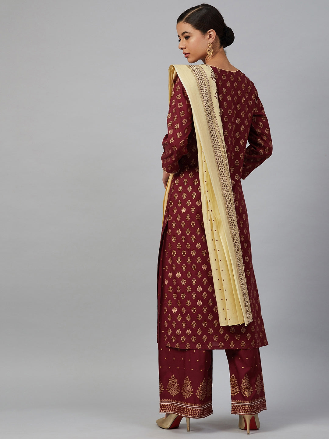 Jompers Women Maroon & Golden Printed Kurta with Palazzos & Dupatta