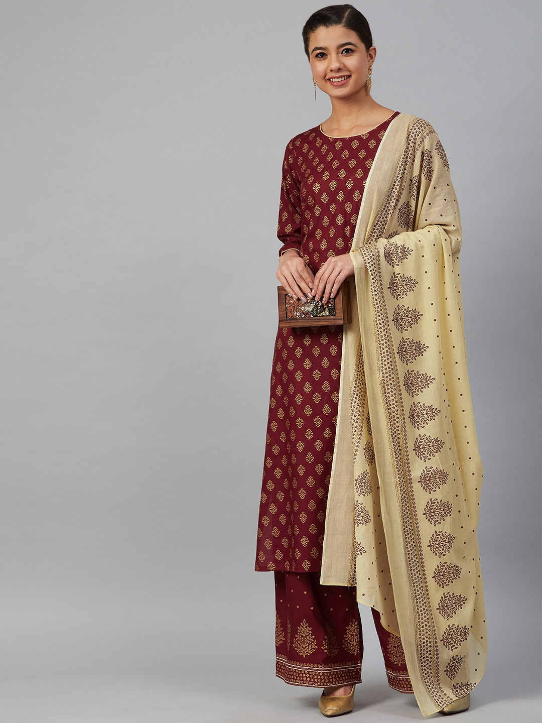 Jompers Women Maroon & Golden Printed Kurta with Palazzos & Dupatta