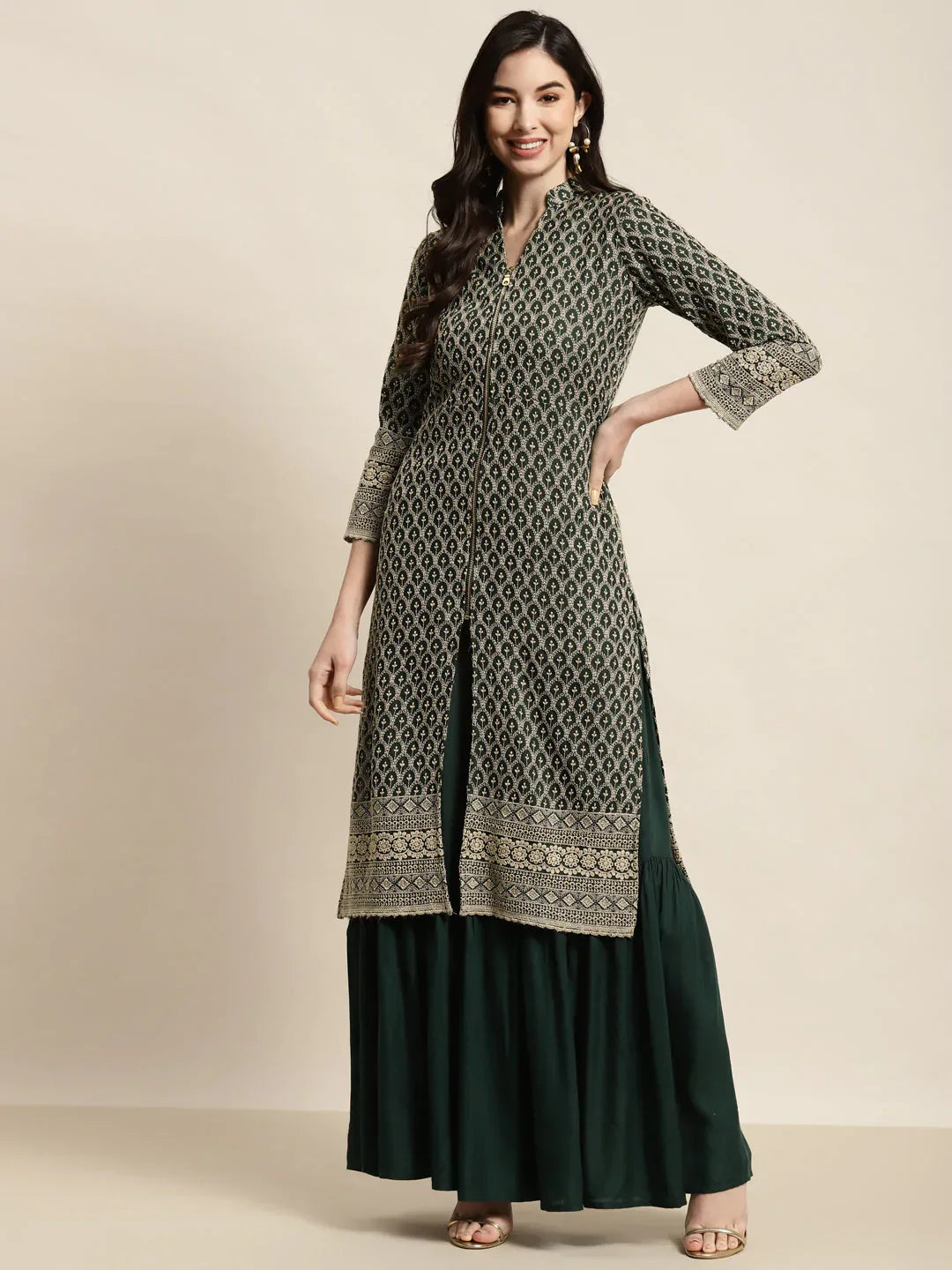Jompers Women's Green Embroidered Kurta with Sharara