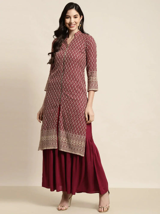 Jompers Women's Maroon Embroidered Kurta with Sharara