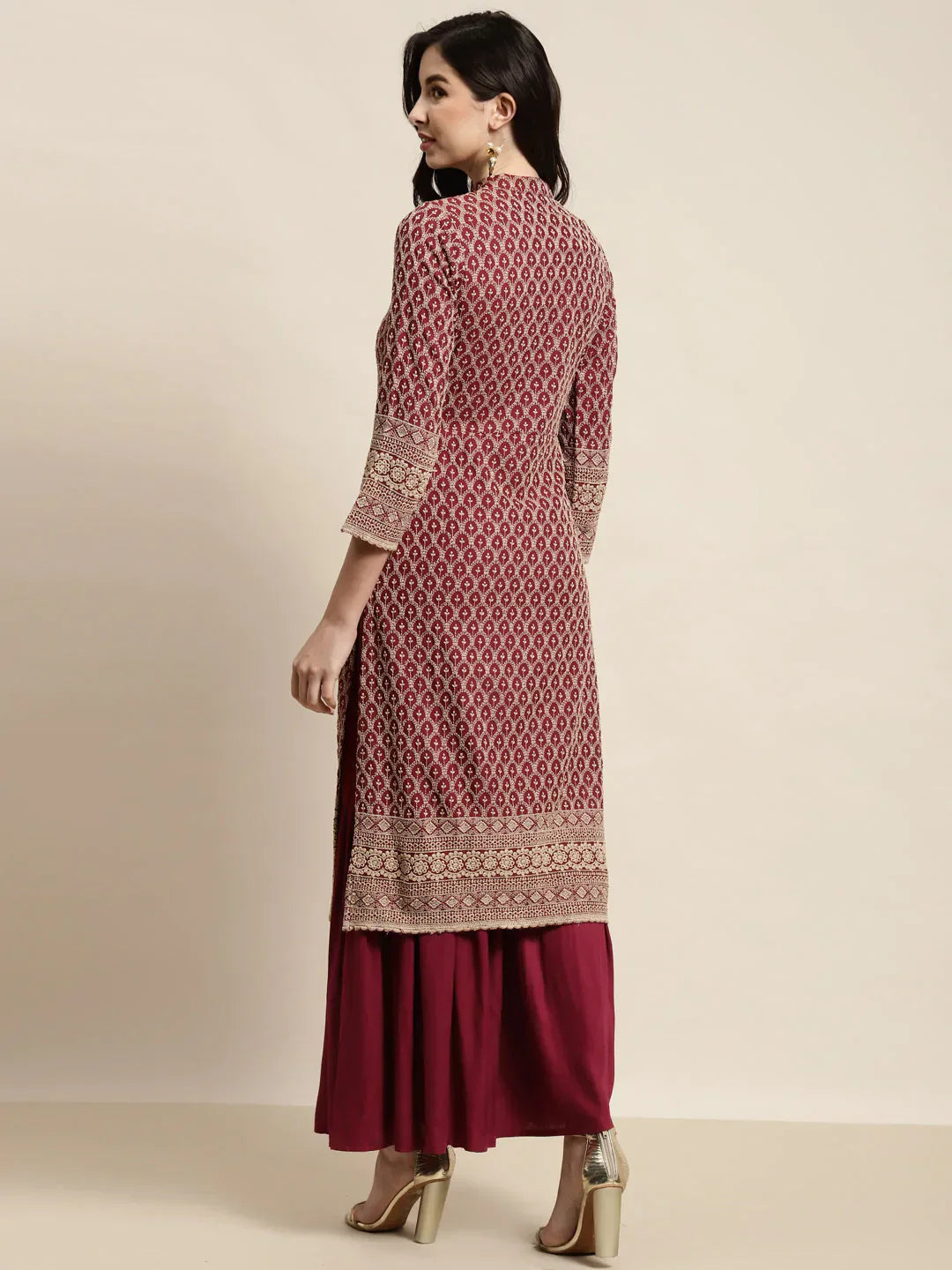 Jompers Women's Maroon Embroidered Kurta with Sharara