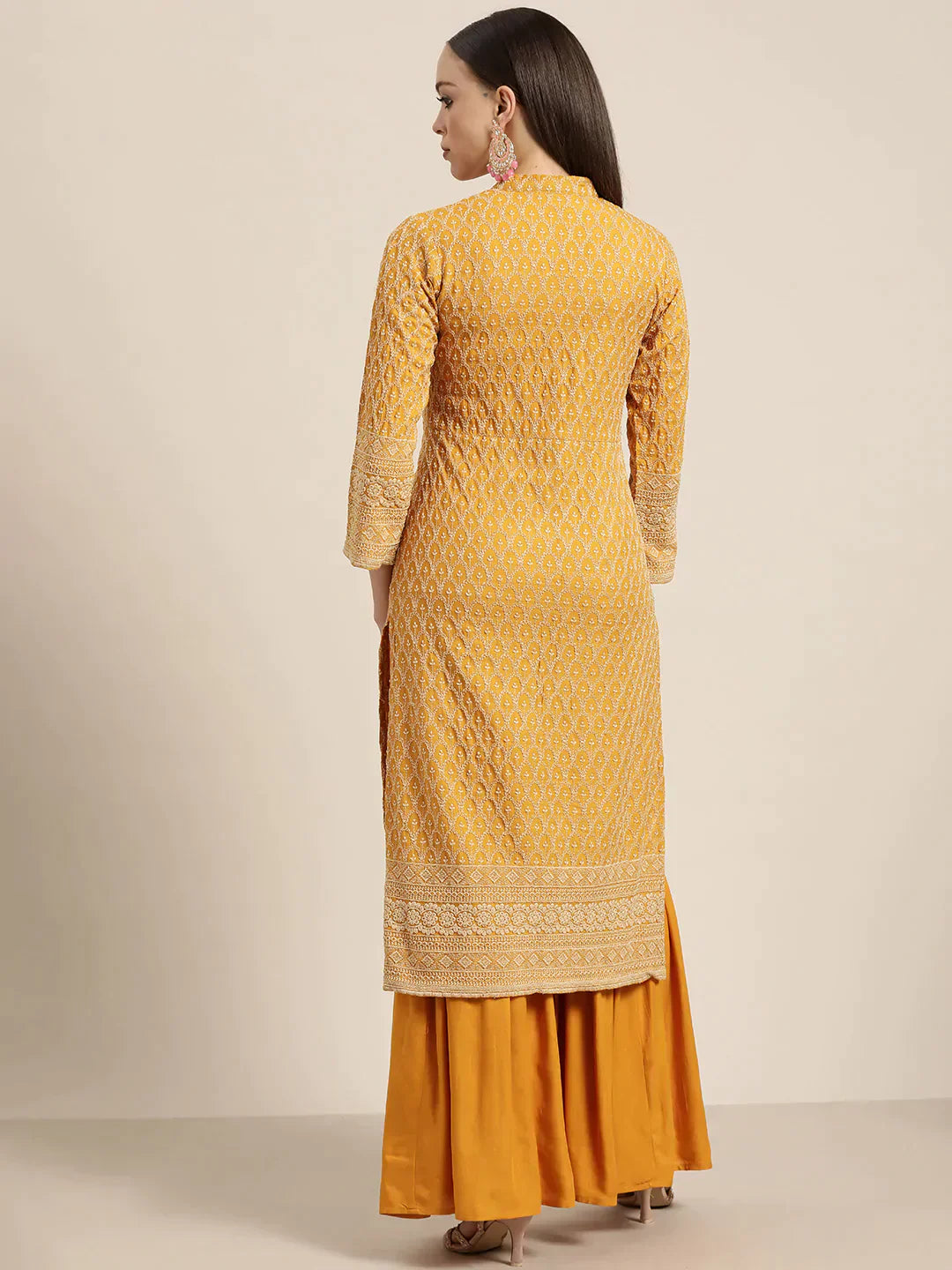 Jompers Women's Mustard Embroidered Kurta with Sharara - Mustard