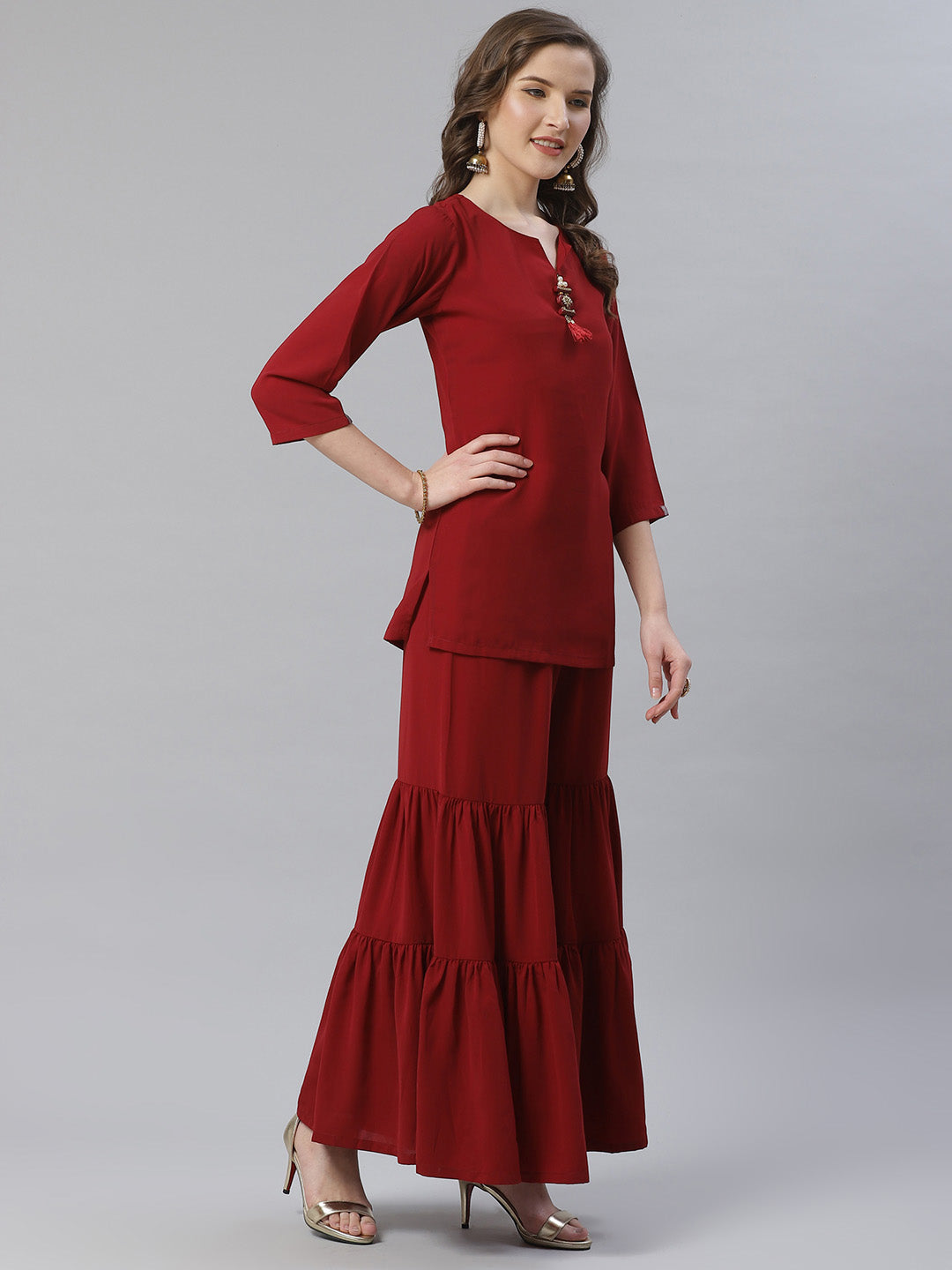 Jompers Women Maroon & Golden Solid Kurti with Sharara & Woven Design Dupatta