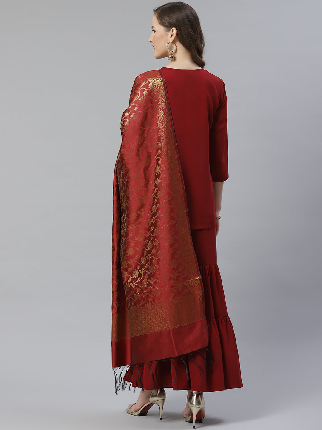 Jompers Women Maroon & Golden Solid Kurti with Sharara & Woven Design Dupatta