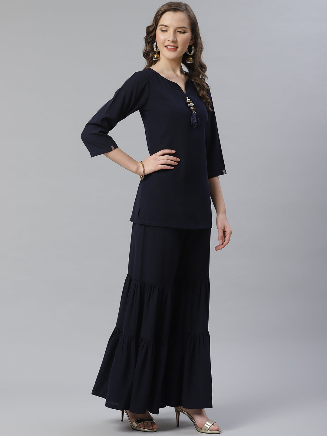 Jompers Women Navy Blue & Golden Solid Kurti with Sharara & Woven Design Dupatta